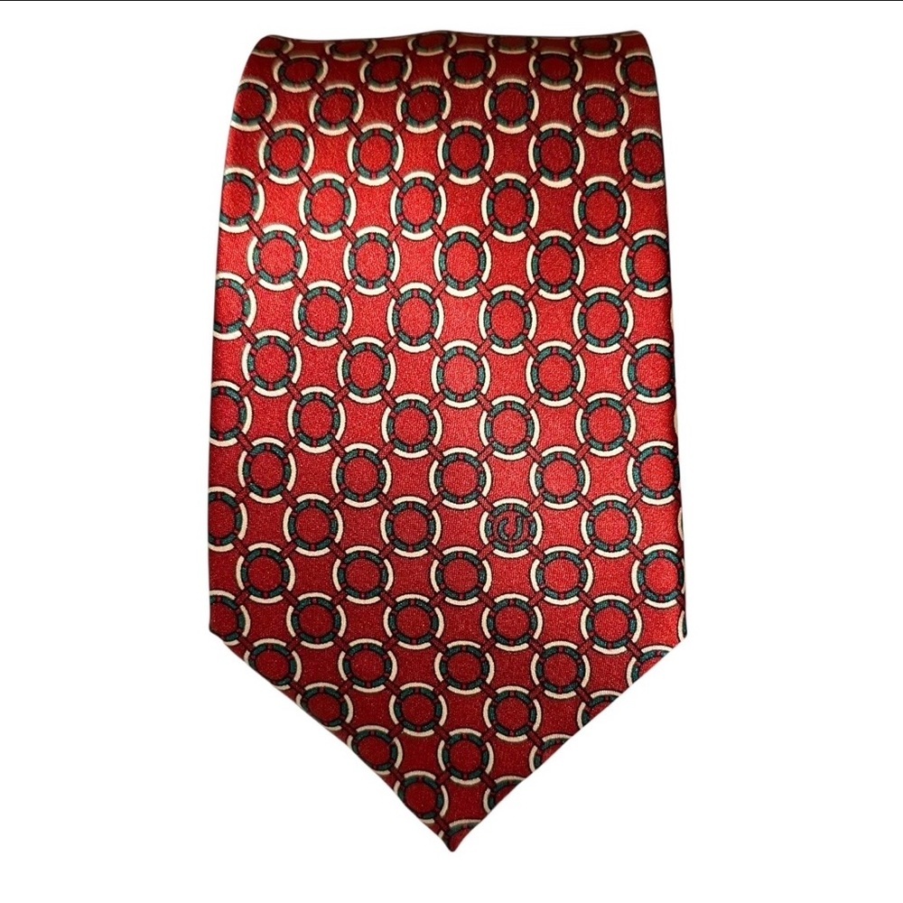 Vtg Charles Jourdan Monsieur Paris Mens Tie Silk Red Green Geometric 60x3.25”